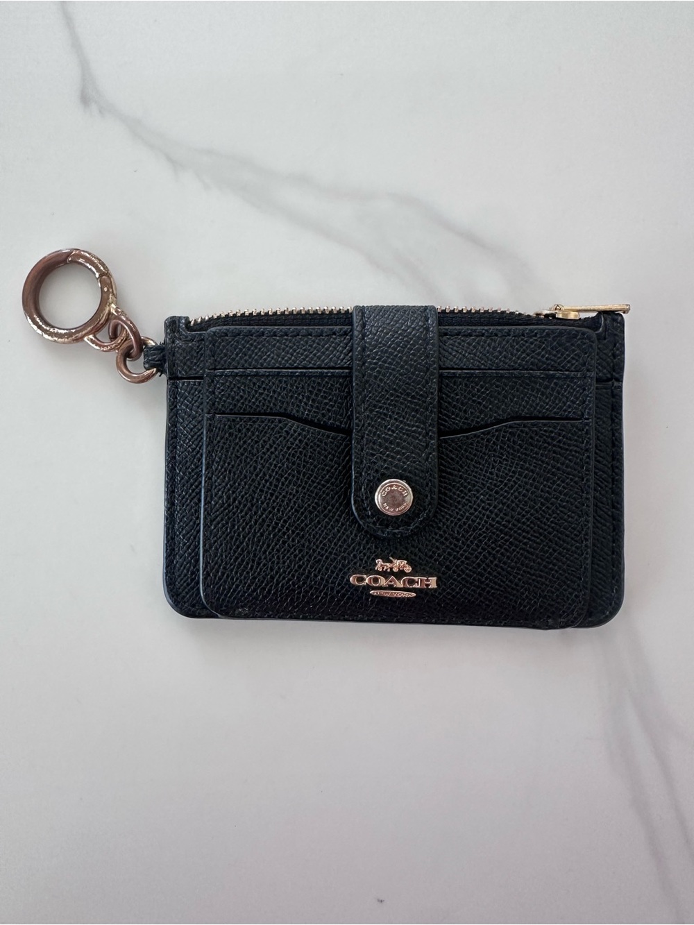 Coach Black Leather Card Case with Gold Hardware and Keyring